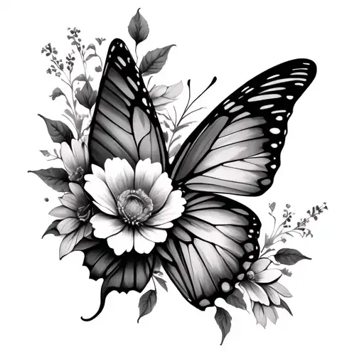 half butterfly wing with other half made of flowers tattoo design idea