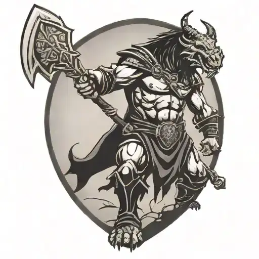 half orc fighter with battle axe and shield adorned silhouette with dead dragon in background tattoo design idea