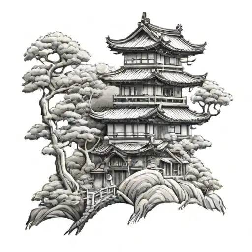japanese houses and trees with samuri   tattoo design idea