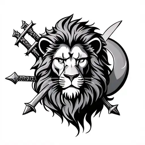 lion face with cross , sword and crescent moon tattoo design idea
