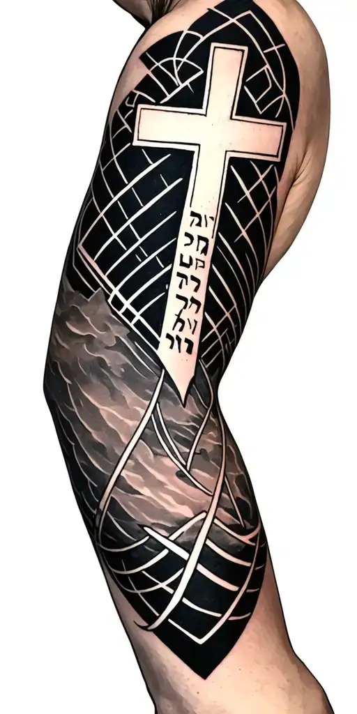 cross on tricep, geometric filler, Hebrew scripture, full sleeve and forearm and wrist tattoo tattoo design idea