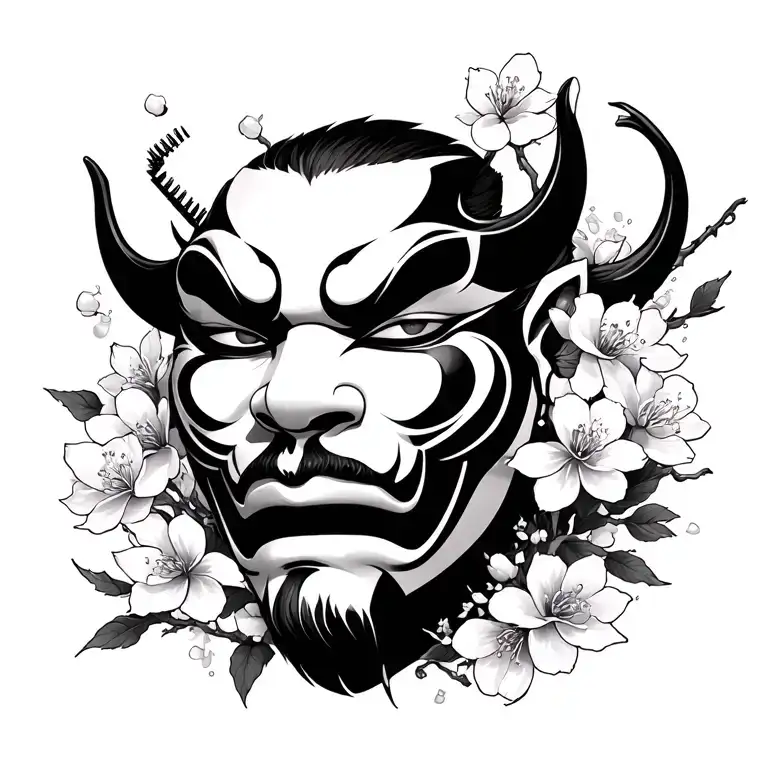 mascara oni mask surrounded with japanesse drake and cherry blossom tattoo design idea