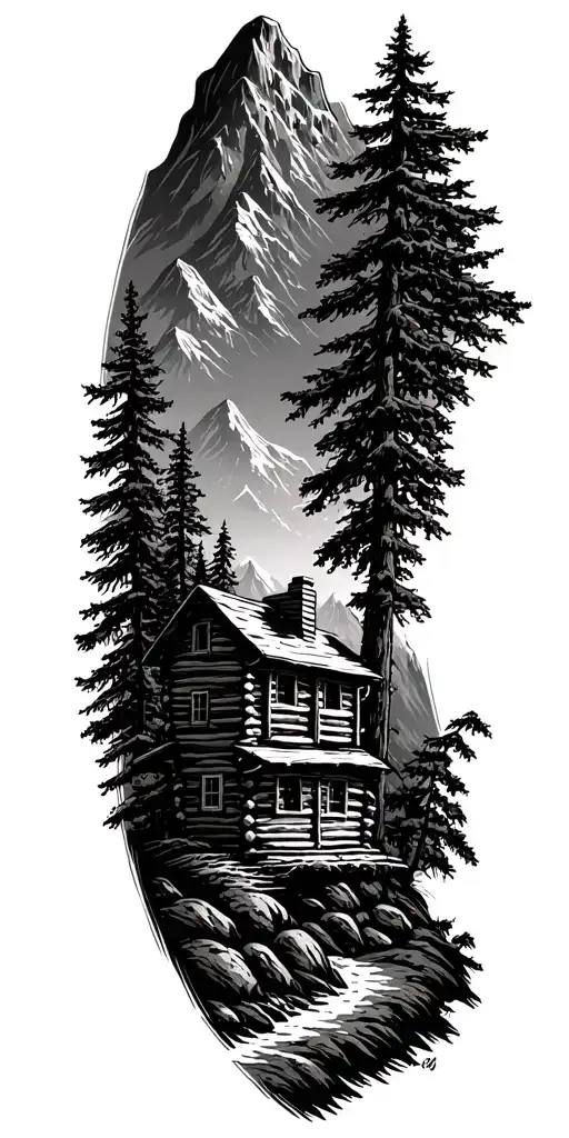 A mountain landscape incorporating a nestled log cabin tattoo design idea