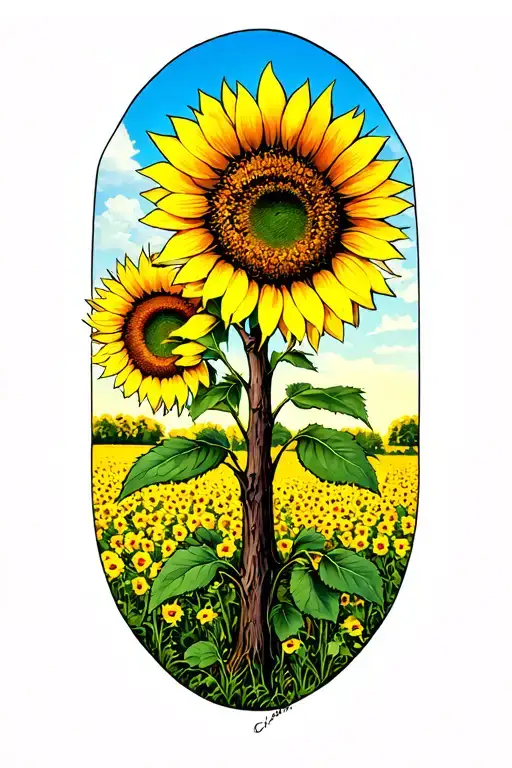 single dead tree in sunflower field with bright blue sky tattoo design idea