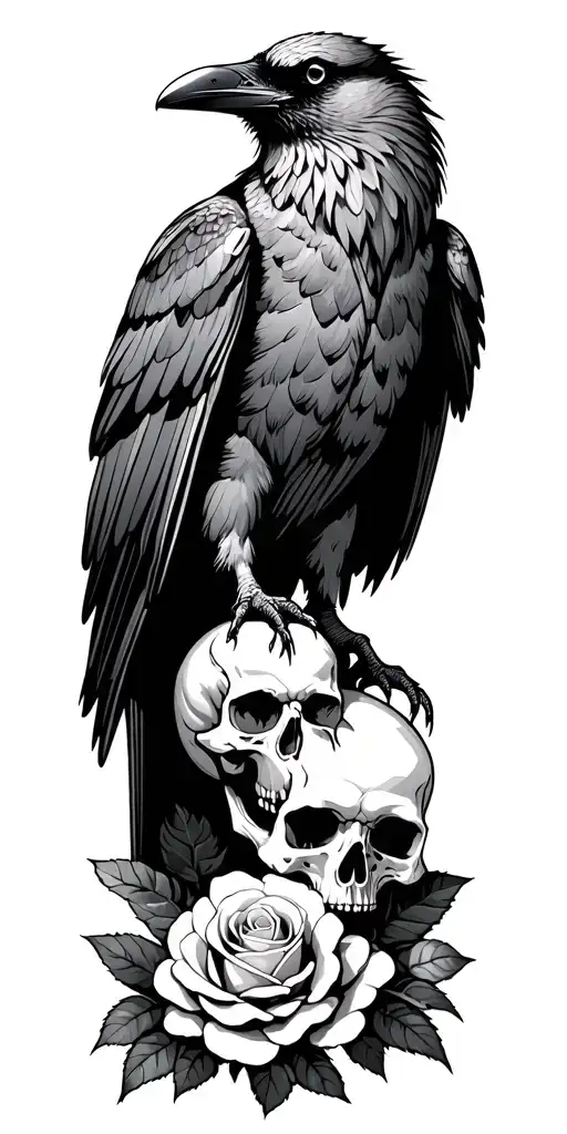 Raven standing on ground with skull and roses growing up  tattoo design idea