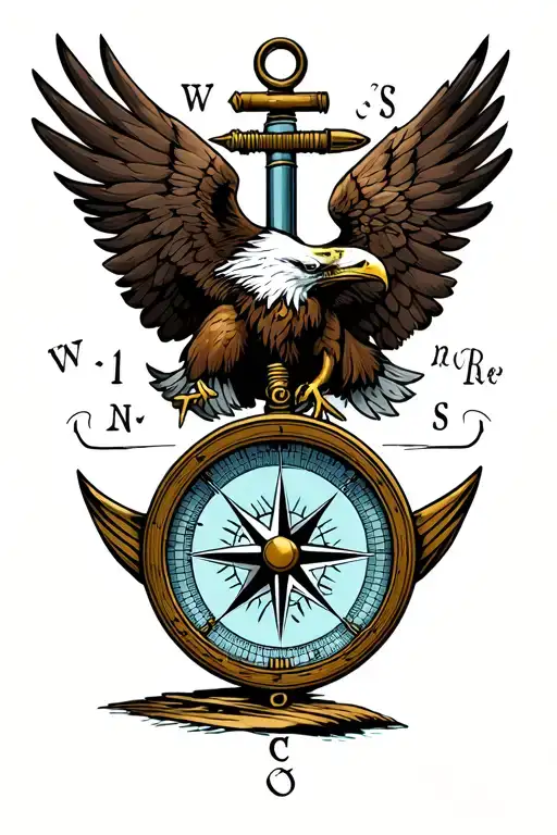 Compact Eagle wings tucked (Above the Compass), Compass (Centerpiece), Anchor (completely Below the Compass) tattoo design idea