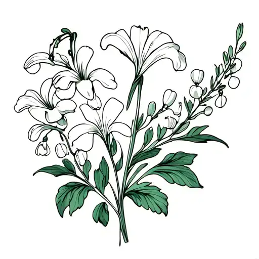 may birth flower and feb birth flower lily of the valley and hawthorn and violet flower and primrose  tattoo design idea