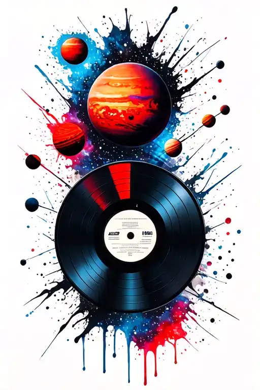 this record plays over and over, blue, planets and nebulas tattoo design idea