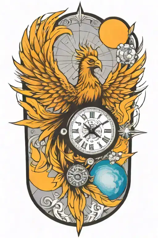 phoenix, light of beacon, compass, time piece, solar system tattoo design idea