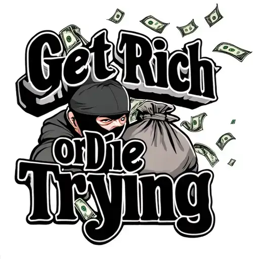 "Get Rich or Die Trying" A man with a ski mask as well in cartoon ish form with a bag of money and cash flying. tattoo design idea