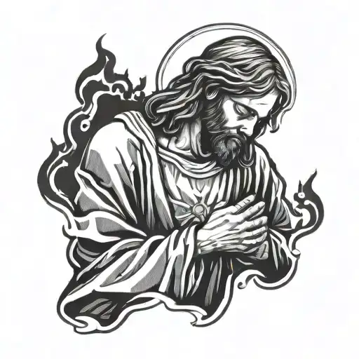 Jesus with looking down to man praying tattoo design idea