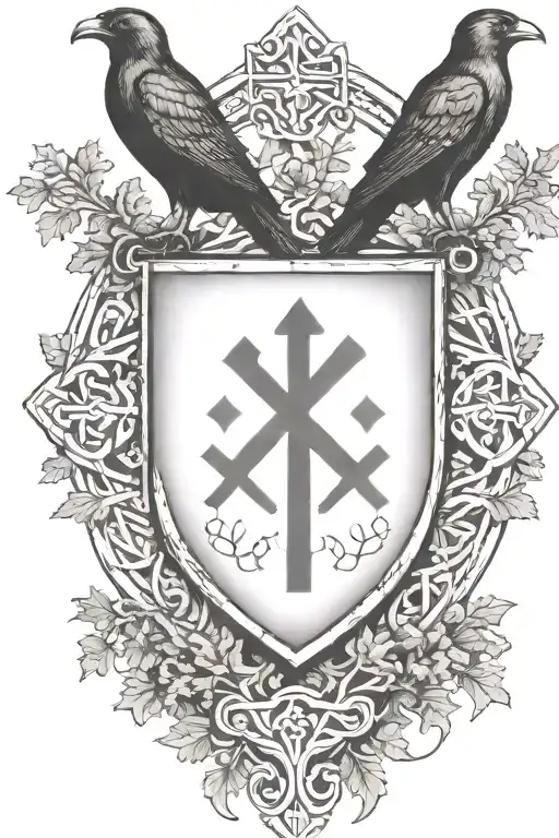 Rooker Family Crest with a shield surrounded by cedar trees with  6 Crows on a celtic cross in a circle tattoo design idea