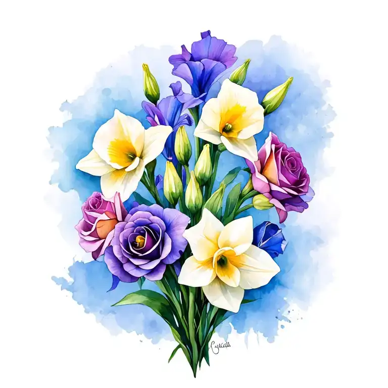gladiolus, daffodil, rose, sweet pea family birth flower bouquet tattoo design idea