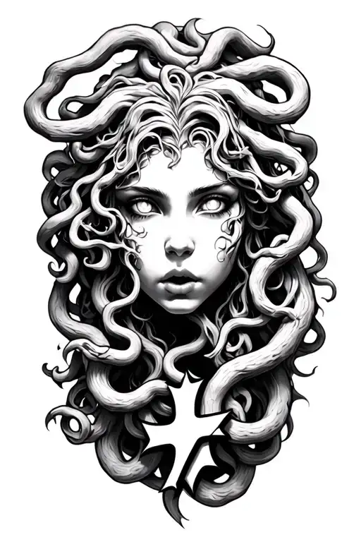 Gorgon Medusa Young Beautiful with white eyes and a sealed cross with mouth tattoo design idea