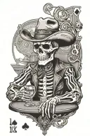 skeleton cowboy at poker table with longhorn skull on wall at a bar setting tattoo design idea