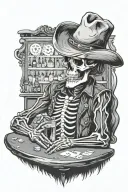 skeleton cowboy at poker table with longhorn skull on wall at a bar setting tattoo design idea