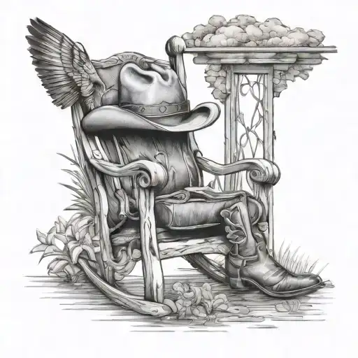 Rocking chair with cowboy hat cowboy boots and a hummingbird overlooking a pond and country scene tattoo design idea
