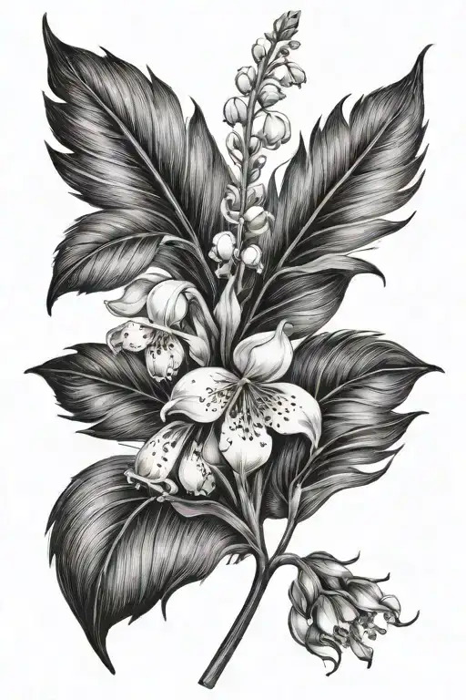 lily of the valley, Aster, feathers instead tattoo design idea
