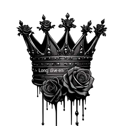 "Long live the queen" "Long live the queen" "Long live the queen" Black melting queen crown  with black roses around the crown and dark shadows tattoo design idea