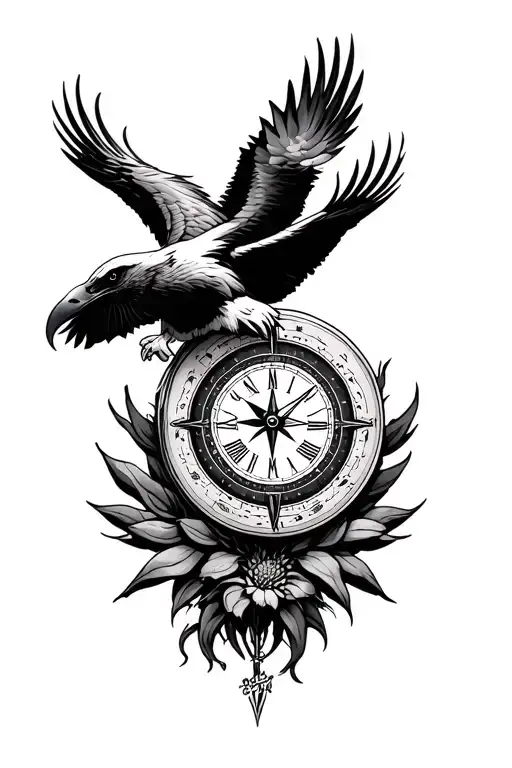 clock compass mountain Eagles cactus tattoo design idea