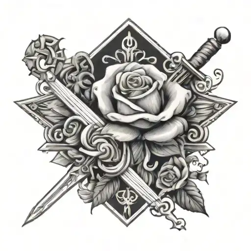 rose, sword, dice rolling, ace card, tattoo design idea