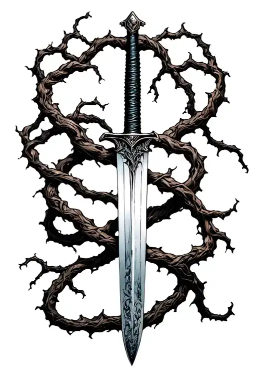 thin swords wrapped in thin vines hanging tattoo design idea