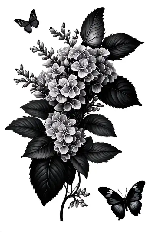 lilacs and butterflies fluttering tattoo design idea