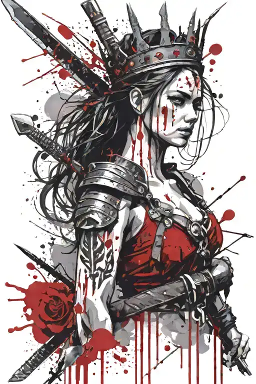 A warrior girl in full growth with a sword in her hands and a crown of thorns on her head, blood running down her face, in a Russian folk dress tattoo design idea
