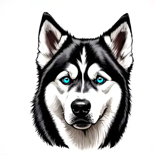 Please make a tattoo template, similar to the one I attached in the picture, the husky's eyes should be blue and lifelik tattoo design idea