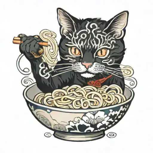 a black cat eating a bowl of noodles  tattoo design idea