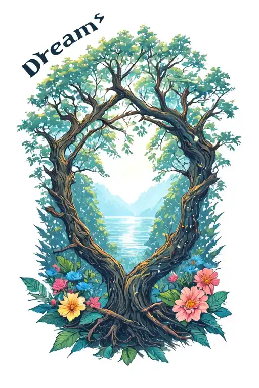 dream theater logo nature style, focus on having the logo no text, and lots of tree/nature/flowers elements tattoo design idea