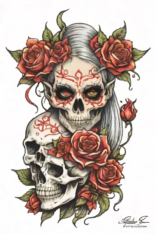 color sketch of a tattoo of a girl-elf-skull, in flowers and with a piercing tattoo design idea