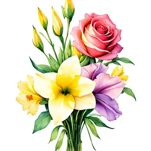 gladiolus, daffodil, rose, sweet pea family birth flower bouquet tattoo design idea