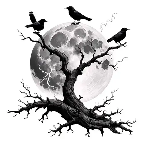 Moon dead trees crows lighting bolt smoke tattoo design idea