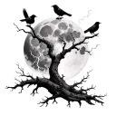 Moon dead trees crows lighting bolt smoke tattoo design idea