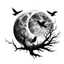 Moon dead trees crows lighting bolt smoke tattoo design idea