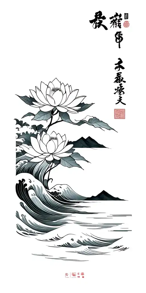 japanese style, sea waves, Lotus flower, mountain landscape tattoo design idea