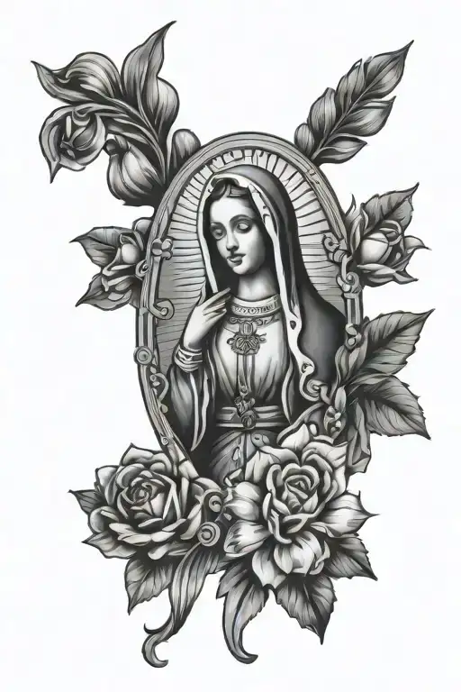 virgen mary with rosary and mexico flag incorporated tattoo design idea