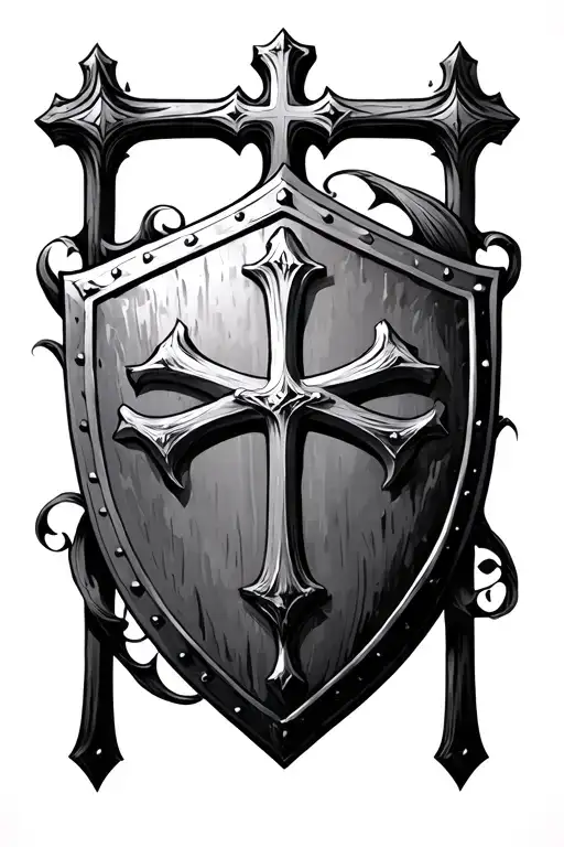 roman shield and cross surrounded tattoo design idea