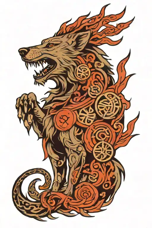 fenrir with gemini zodiac and runes tattoo design idea