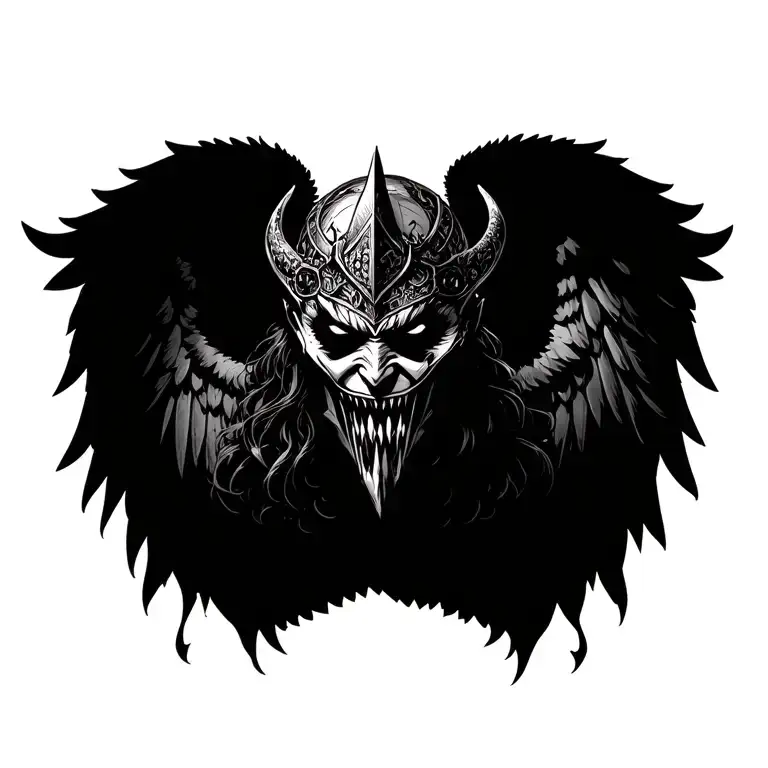 warrior angel unmasking with devils face underneath, highly detailed tattoo design idea