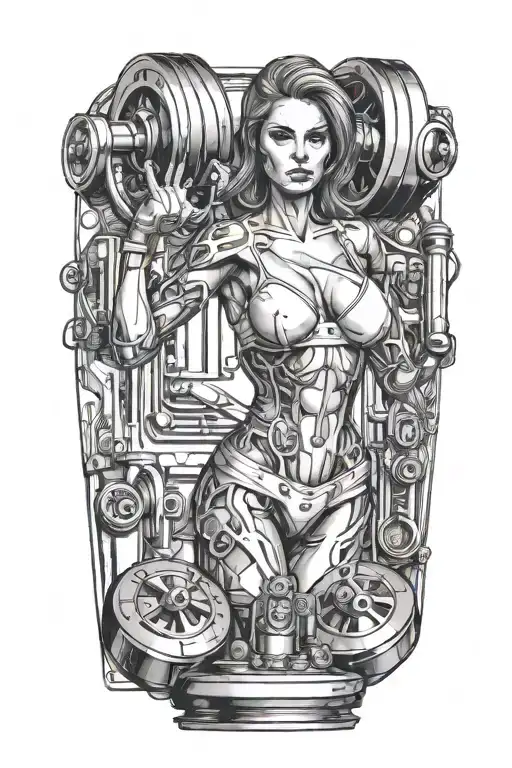 combine bodybuilding women with dumbell with technology circuits tattoo design idea