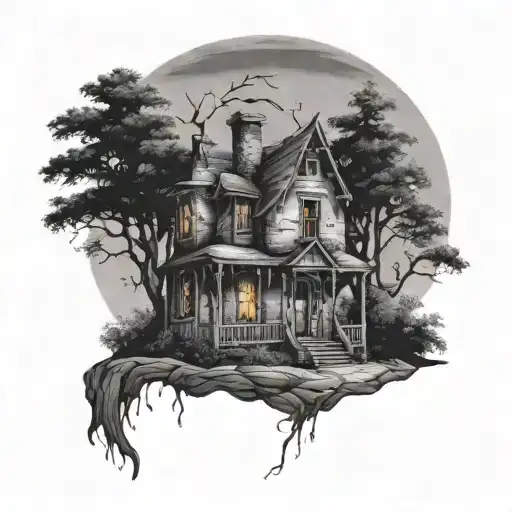 a small haunted broken house surrounded by trees tattoo design idea