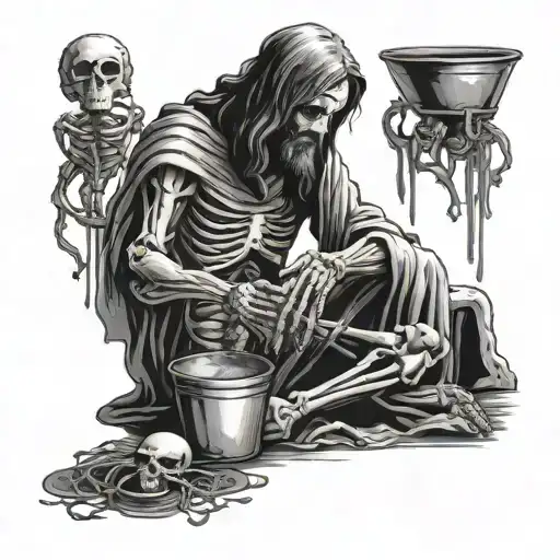 Jesus Christ pouring a bucket of water over kneeling praying skeleton tattoo design idea