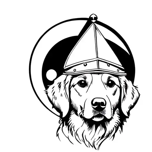 Golden Retriever puppy head wear a knight hat with the moon behind glibi style  tattoo design idea