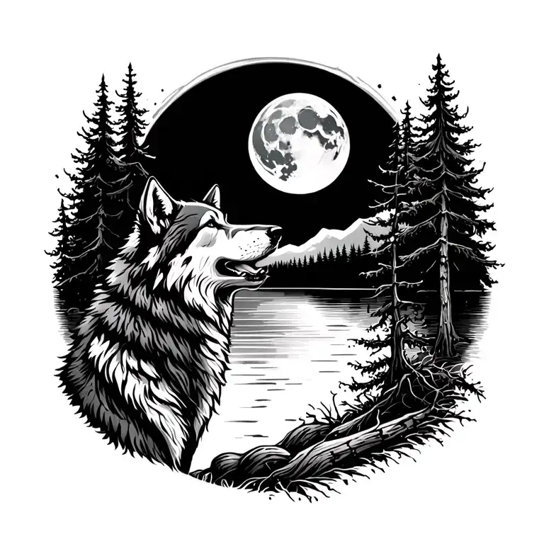 adult wolf howling at the moon in the distance with forest lake behind tattoo design idea