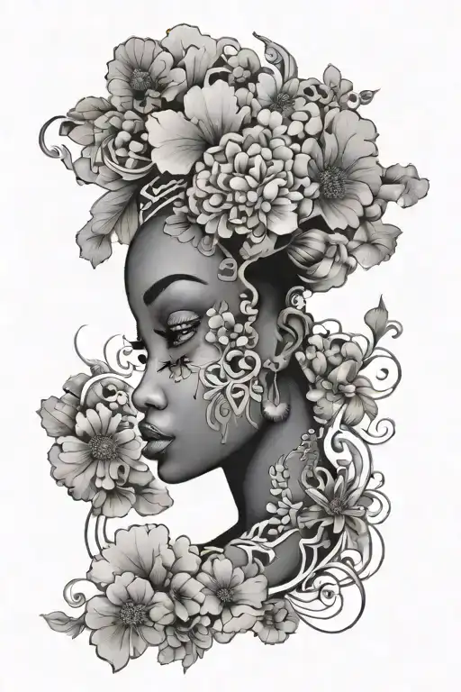 women face in clouds shape of africa with african flowers tattoo design idea
