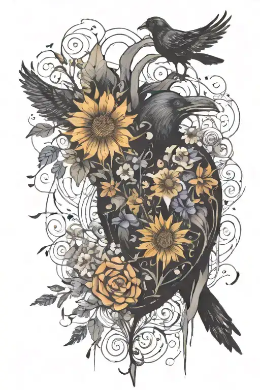 find someone who grows flowers in the darkest parts of you, annotomically correct heart, masculine, ravens tattoo design idea