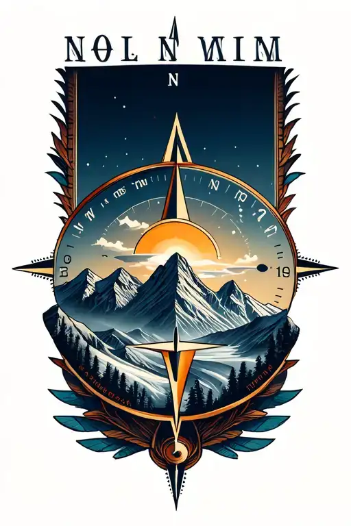 mountain range with compass tattoo design idea