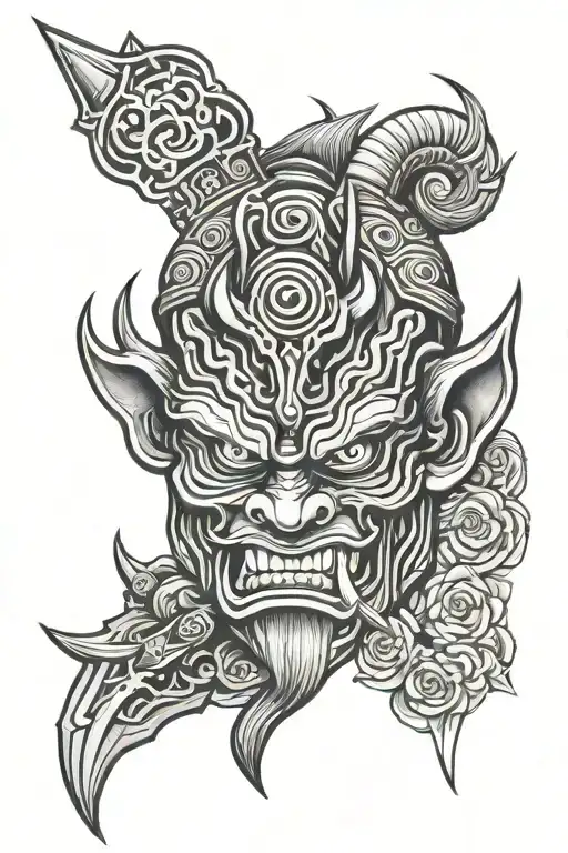 Dagger japanese oni mask tattoo design idea